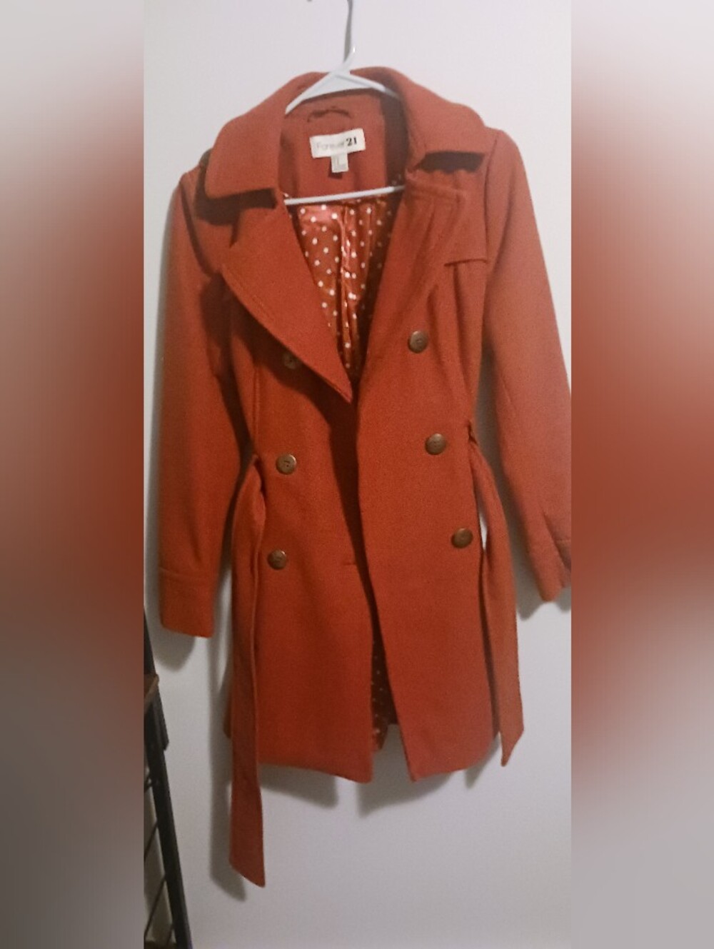 Vintage 2010s Forever 21 Coral Red Peacoat with Belt - Size M